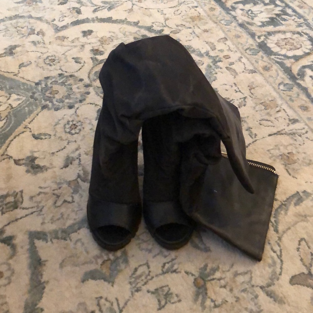 Open toe black boots with back zipper - comfy!